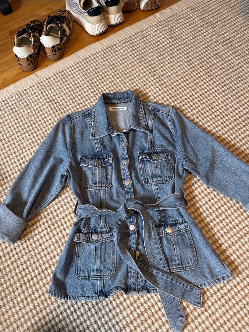 Amanda Uprichard Light Blue Denim Jacket, size M. Mid-length, tie belt